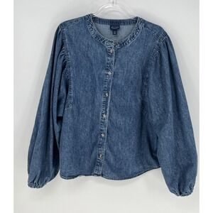 Scoop Denim Blue Button Front Blouse Womens XXL Balloon Sleeve Darker Wash Top